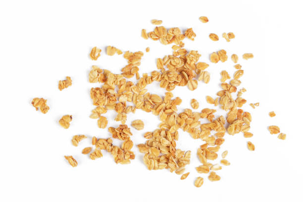 귀리 그래 놀라 아침 시리얼 흰색 배�경에 고립 - granola cereal breakfast stack 뉴스 사진 이미지