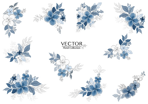 Set of beautiful blue watercolor florals branch with black line style. isolated vector use for design wedding, greeting card, nature banner, floral background. - Vector