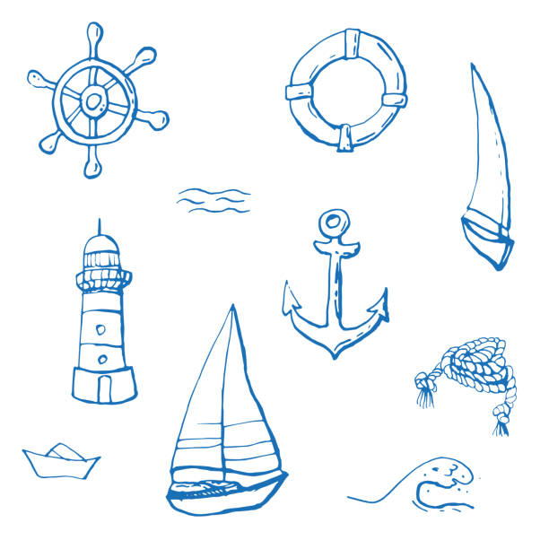 Cute marine icons. Can be used for printed materials. Vacation holiday background. Hand drawn design elements. Festive card.