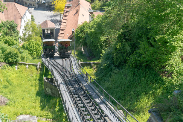 fribourg, fr / switzerland / 30 may 2019: the historic funicular tramway connecting upper and lower fribourg city in the old town - fribourg canton imagens e fotografias de stock