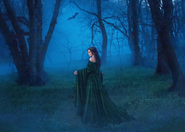 rainha escura das forças do outro mundo conduz ao reino de almas mortas. vampiro sangrento em longo veludo esmeralda vestido atrai em seu covil, perdeu a princesa bonita com cabelo escuro perdeu seu caminho e segue bat - fairy forest women magic - fotografias e filmes do acervo