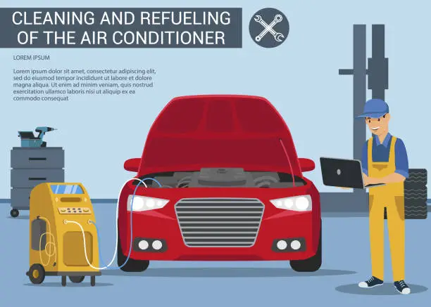 Vector illustration of Computer Diagnostics Air Conditioner in Red Car.