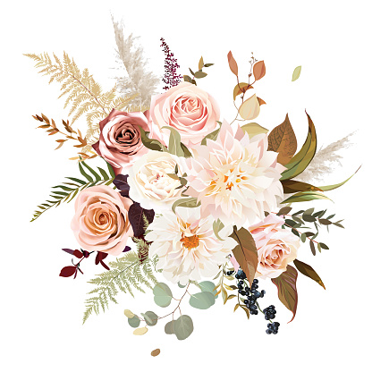 Moody boho chic wedding vector bouquet. Warm fall and winter tones. Orange red, taupe, ivory, brown, cream, gold, beige, sepia autumn colors. Rose flowers, dahlia, ranunculus, pampas grass, fern.