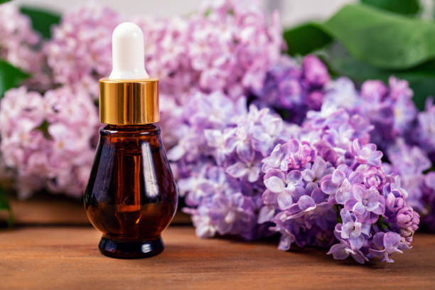 istock lilac essential oil bottle with blooming lilac branch 1154334627