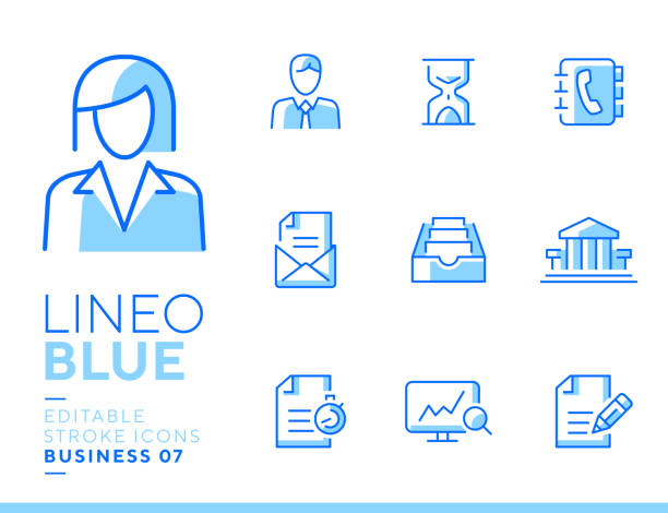 ilustrações de stock, clip art, desenhos animados e ícones de lineo blue - office and business line icons - writing letter correspondence women