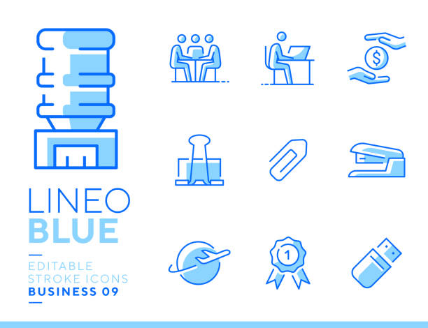 illustrazioni stock, clip art, cartoni animati e icone di tendenza di lineo blue - icone della linea office e business - water cooler illustrations