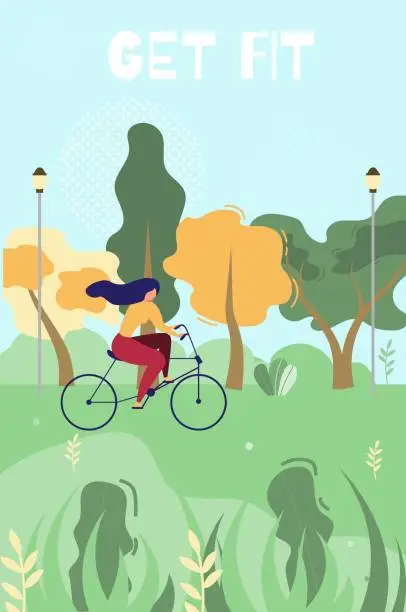 Vector illustration of Get Fit Cover with Woman Cycling in Public Park