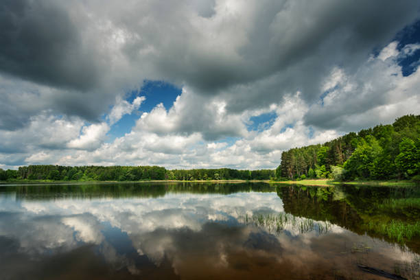 istock Sunny day. Lake, forest and clouds reflected in a lake. 1154340410
