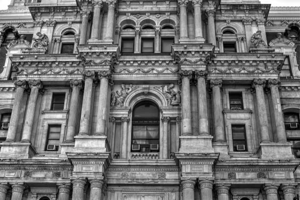 Philadelphia, Pa. USA, May 26, 2019: main facade of the Philadelphia City Hall in black and white, Philadelphia, Pa. USA