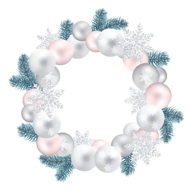 Vector illustration of Wreath of Christmas balls, fir twigs, snow-flakes