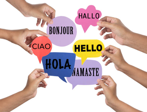 Hello greeting in languages and group of hands stock photo