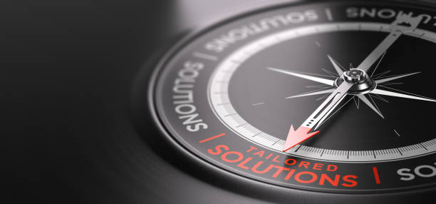 Custom Tailored Solutions or Offers. Made-to measure Services. 3D illustration of a compass over black background with the text tailored solutions written in red. Made-to-measure services concept. solution stock pictures, royalty-free photos & images