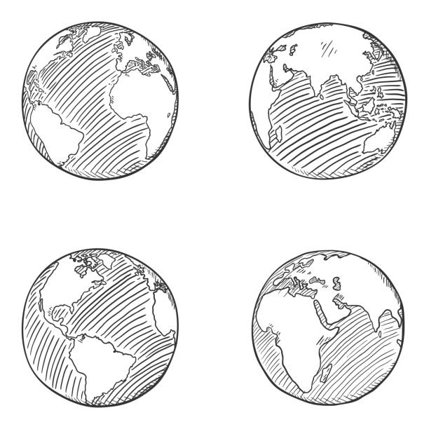 ilustraciones, imágenes clip art, dibujos animados e iconos de stock de conjunto vectorial de ilustraciones de globo de croquis. - map square shape usa global communications