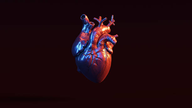 istock Silver Anatomical Heart with Red Blue Moody 80s lighting Front 1154354363
