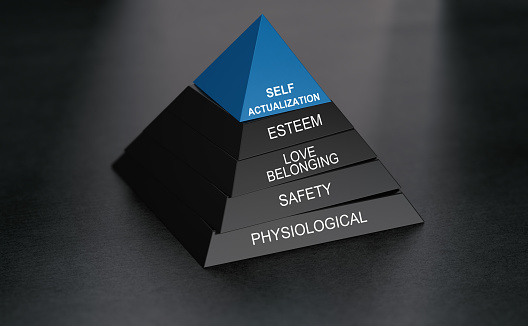 3D illustration of hierarchy of needs with self actualization at the top. Pyramid over black background