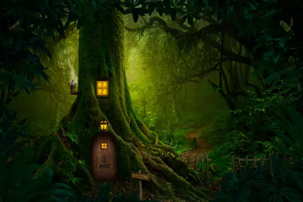 Magical story forest with small house