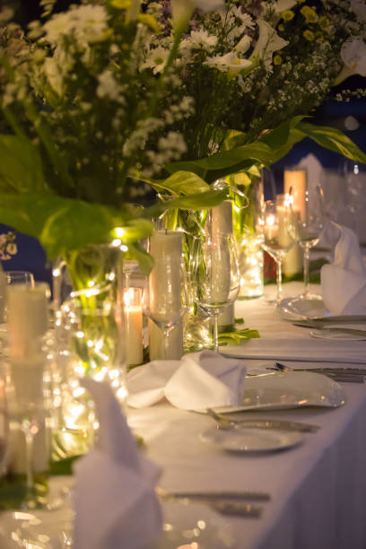 istock Wedding table decor. Beautiful Luxury Festive table set up for wedding or party 1154359461