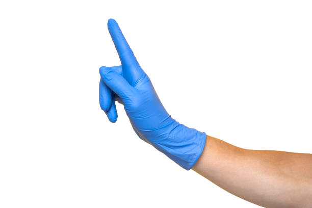 istock Hand in blue glove isolated on white with thumb up. 1154361717
