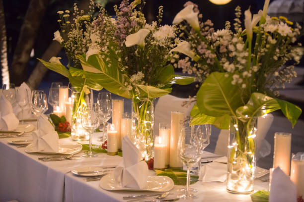 istock Wedding table decor. Beautiful Luxury Festive table set up for wedding or party 1154362482