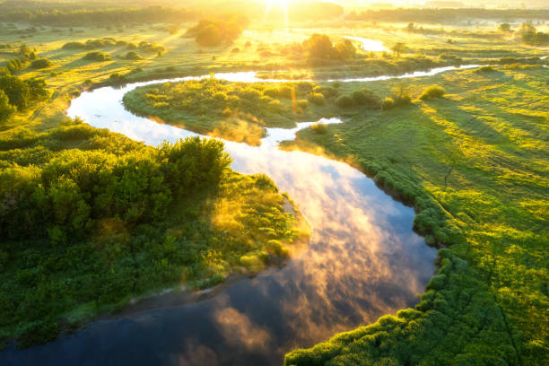 istock Summer nature background. Scenic sunny river at sunrise view from above. Beautiful bright nature landscape of riverside aerial view. Sunny morning on river 1154367710