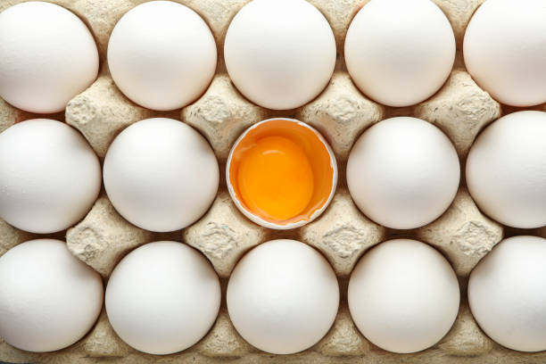 istock White chicken eggs in carton box as background, top view 1154368482