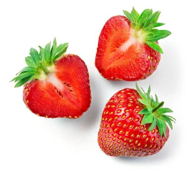 Strawberries isolate. Strawberry whole, half, slice. Cut strawberry on white background.