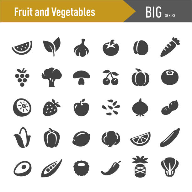 illustrazioni stock, clip art, cartoni animati e icone di tendenza di icone della frutta e della verdura - grande serie - symbol food salad icon set