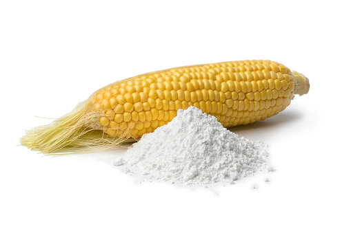 Fresh corn on the cob and a heap of white corn starch isolated on white background