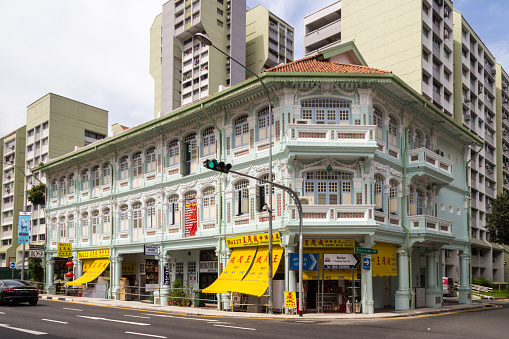 Singapore - 23rd November 2016: Chinese heritage shophouses on Jalan Besar, Rochor. . Many shop houses have been restored.