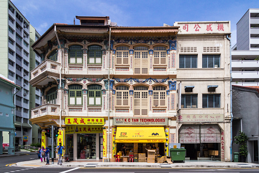 Singapore - 23rd November 2016:  Chinese heritage shophouses on Jalan Besar, Rochor. . Many shop houses have been restored.