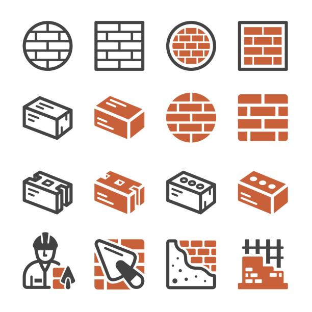 벽돌 아이콘 세트 - brick cement bricklayer construction stock illustrations
