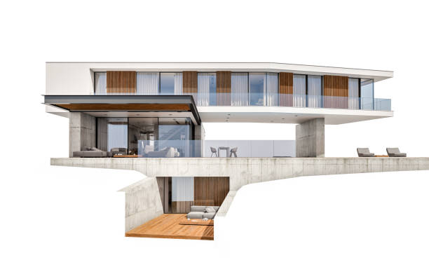 istock 3d rendering of modern house on the hill with pool isolated on white 1154373359