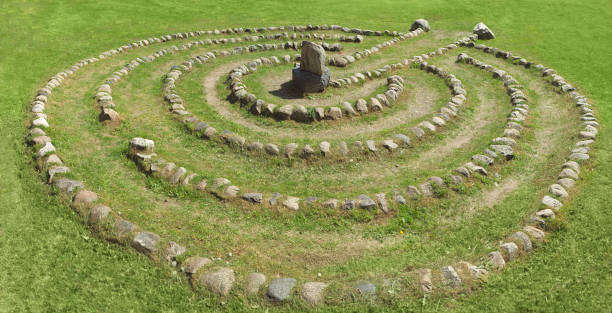 istock Summer landscape with a stone labyrinth on a green lawn. 1154374384