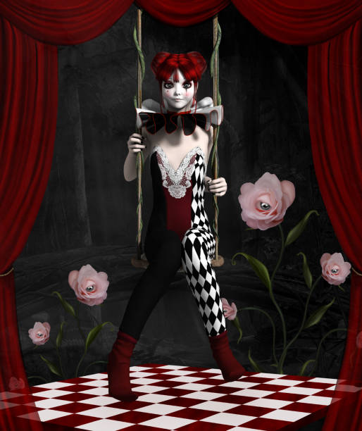 bizzarro clown su un'altalena - curtain red color image clown foto e immagini stock