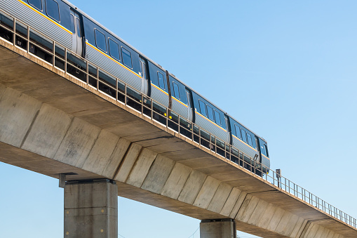 Atlanta, USA - April 20, 2018: Metropolitan Atlanta Rapid Transit Authority Marta subway train public transportation on overpass outside