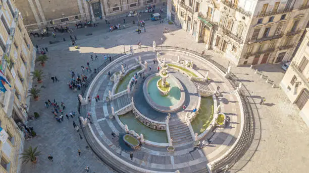 Photo of drone aerial view of Pretoria fountain in Palermo, Italy,  a monumental fountain of Palermo. It is located in the heart of the historic centre and represents the most important landmark of Piazza Pretoria