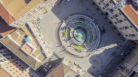 drone aerial view of Pretoria fountain in Palermo, Italy,  a monumental fountain of Palermo. It is located in the heart of the historic centre and represents the most important landmark of Piazza Pretoria