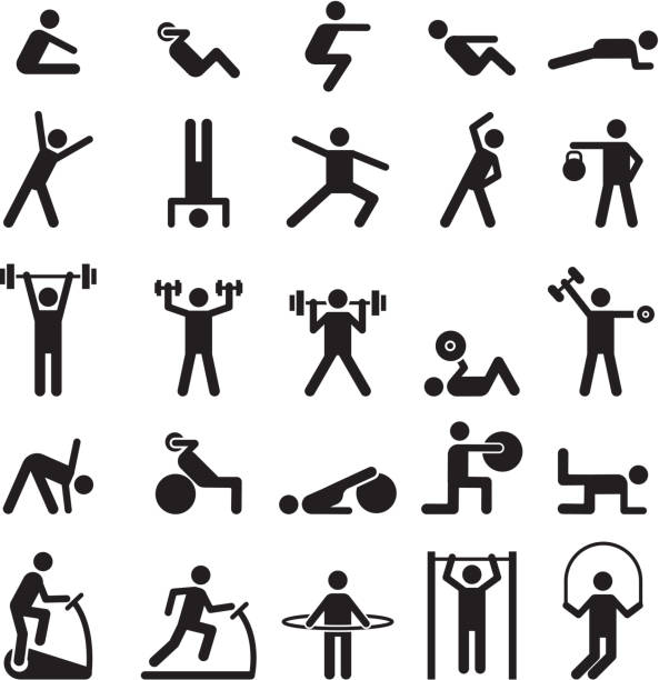 ilustraciones, imágenes clip art, dibujos animados e iconos de stock de pictograma fitness. los personajes que hacen ejercicios deportivos figuras vectoriales iconos y símbolos - agacharse ilustraciones