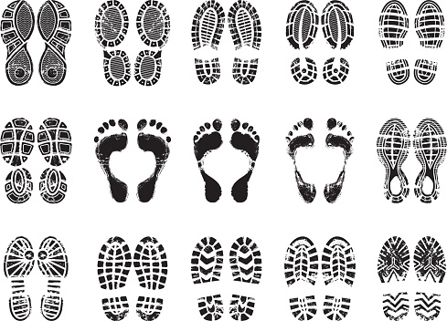 Footprint texture. Silhouettes of sneakers for human male and female shoes vector printing pictures. Illustration of imprint silhouette, boot and footprint human