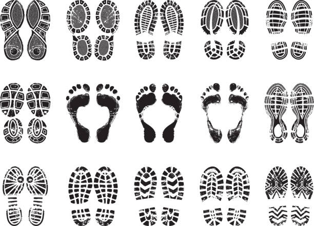 Footprint texture. Silhouettes of sneakers for human male and female shoes vector printing pictures Footprint texture. Silhouettes of sneakers for human male and female shoes vector printing pictures. Illustration of imprint silhouette, boot and footprint human track imprint illustrations stock illustrations