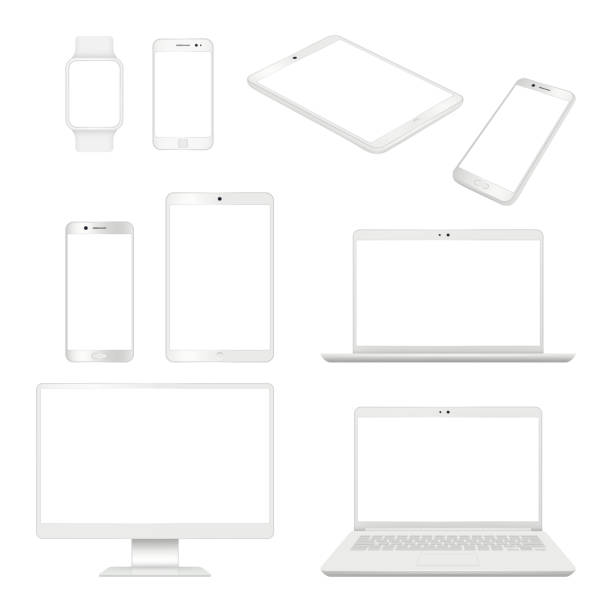 realistische gadgets. monitor smartphone laptop und tablet-leerstellen notebook-vektor mockup computer-geräte - white tablet stock-grafiken, -clipart, -cartoons und -symbole