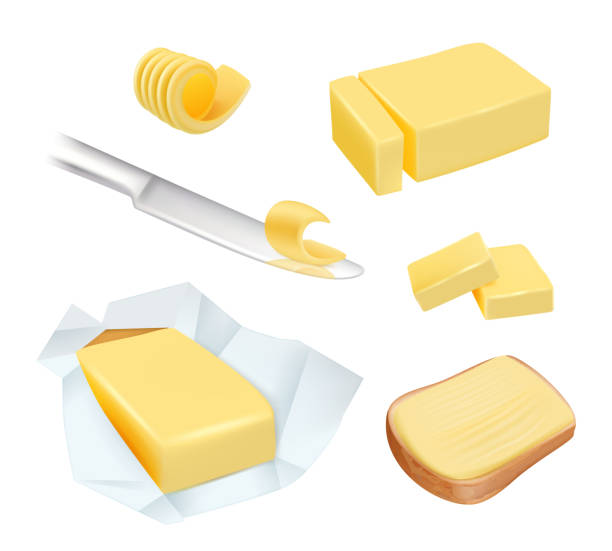 illustrations, cliparts, dessins animés et icônes de beurre. la margarine de produit de calorie ou le beurre de lait bloque les images de vecteur de nourriture de petit déjeuner - butter fat dairy product isolated