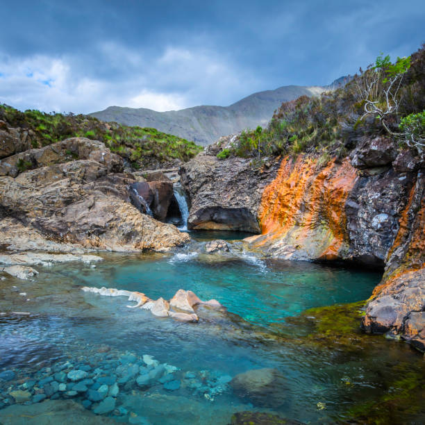 Beautiful scenery on Isle of Skye,Scotland.Fairy Pools, ponds with turquoise water, waterfalls and colourful rocks.Ethereal landscape and popular tourists destination.