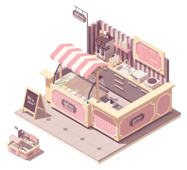 Vector illustration of Vector isometric ice cream kiosk