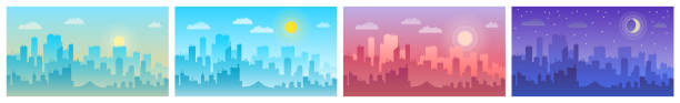 Daytime cityscape. Morning, day and night city skyline landscape, town buildings Daytime cityscape morning, day and night city skyline landscape, town buildings in different time and urban cityscape town sky. Architecture silhouette vector background collage set time silhouettes stock illustrations
