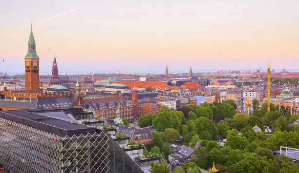 Aerial view of the old historical town in the danish capital Copenhagen during summer sunset