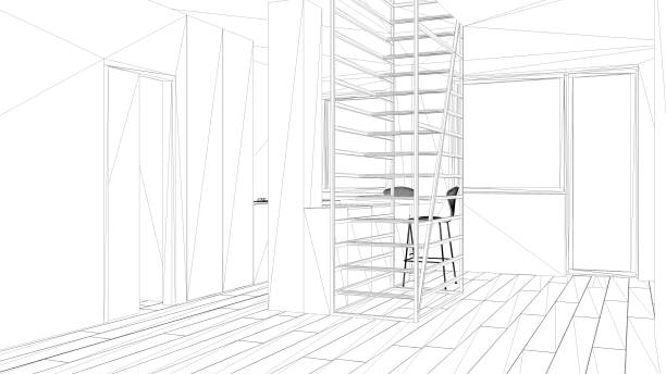 istock Blueprint project draft, minimalist living room with kitchen, island and stools, parquet floor, white modern metal staircase with wooden steps, interior design concept idea 1154394947