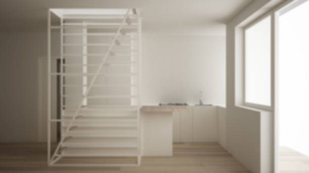 istock Blur background interior design, minimalist living room, kitchen and white modern staircase with wooden steps, parquet floor, concept, architect designer project, architecture idea 1154394951