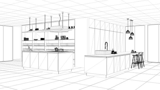 istock Blueprint project draft, minimalist luxury expensive white kitchen, island, sink and hob, open space, window, marble ceramic floor, modern interior design architecture concept idea 1154394968