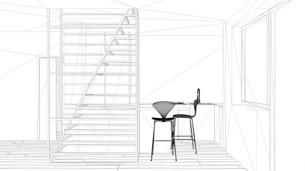 istock Blueprint project draft, minimalist living room with kitchen, island and stools, parquet floor, white modern metal staircase with wooden steps, interior design concept idea 1154395799